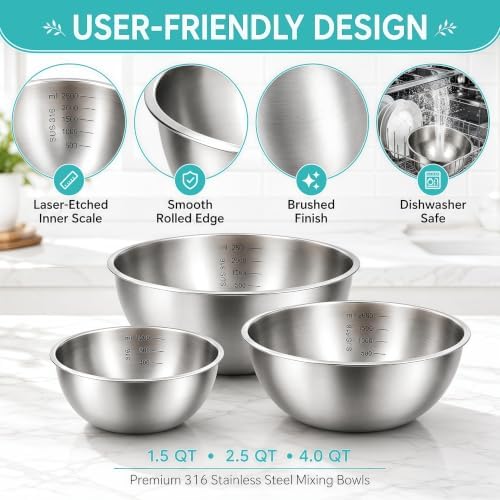 Stainless Steel Mixing Bowls Set of 3, 1.5/2.5/4 Qt, Nesting Bowls