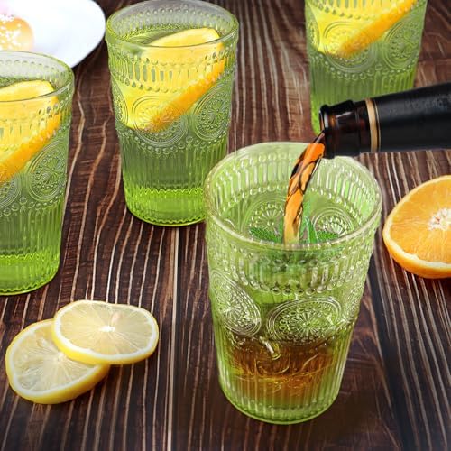 Loivttvv 6pcs Vintage Drinking Glasses Set, 12 oz Green Highball Glasses, Embossed Ribbed Glassware Cups for Cocktail, Water, Juice, Coffee, Whiskey