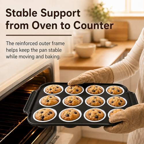 Silicone Muffin Pans for Baking, 12-Cup Muffin Tin with Metal Frame