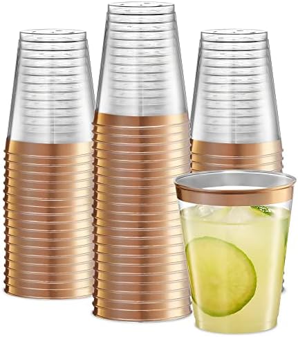 PLASTICPRO Disposable 8 oz Crystal Clear Plastic Tumblers With Rose Gold Rim for Party's & Weddings pack of 100