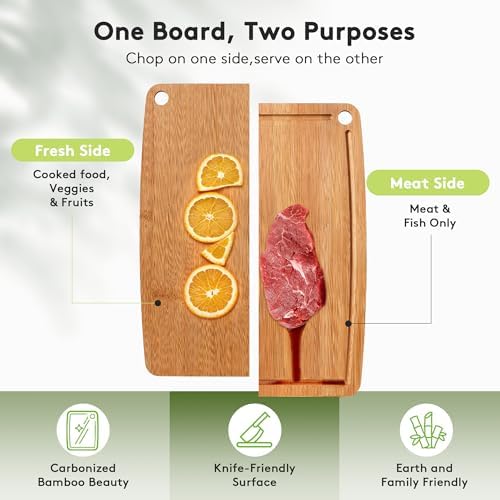 Bamboo Cutting Boards for Kitchen [Set of 2],Carbonized Wood Cutting Board Set with Deep Juice Groove for Chopping Meat, Vegetables, Fruits, Nuts,Lightweight & Durable,Ideal Kitchen Gift