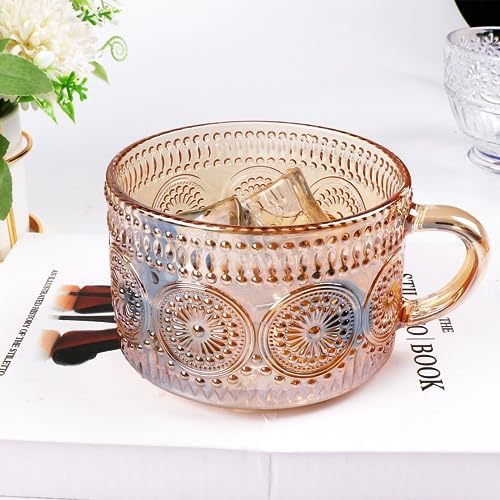 MFACOY Vintage Coffee Mugs Set of 2, 14 oz Glass Tea Cups with Handle, Amber Embossed Glass Cups for Cappuccino, Latte, Cereal, Milk, Hot or Cold Beverages