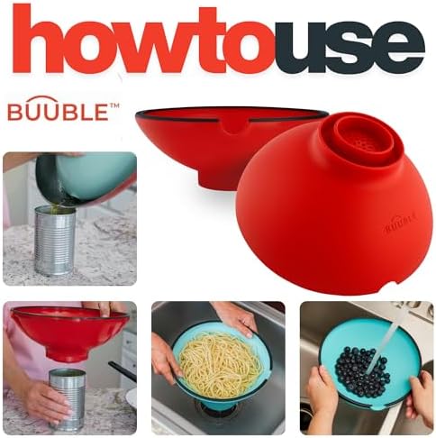 Ultimate Grease Drainer & Food Strainer (Red) Premium Heat-Resistant Silicone Colander for Bacon, Ground Beef, Pasta & Veggies; Fits Pans, Cans & Jars; Dishwasher Safe