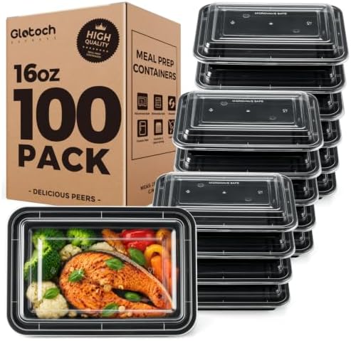 100 Pack (200-Piece) 16oz Meal Prep Containers with Lids Reusable Food Containers Leakproof & Microwave, Freezer, Dishwasher Safe Durable Plastic Storage Containers Bento Box for To Go Take Out Black