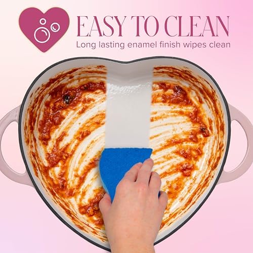 Paris Hilton Enameled Cast Iron Braiser, Heart-Shaped Skillet with Lid, Superior Heat Retention Casserole, Stovetop and Oven-to-Table, 3.5-Quart, Pink