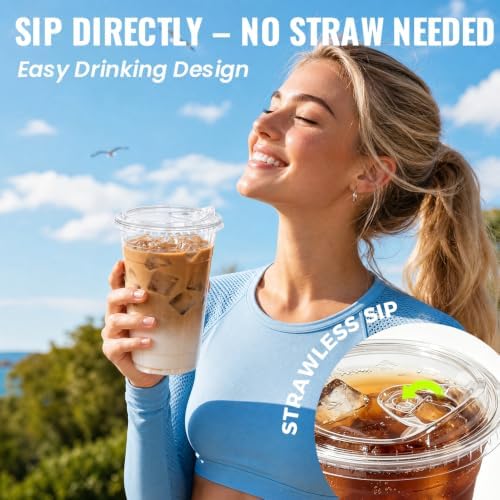 Ginkgo 100 Pack 24 oz Clear Plastic Cups with Strawless Sip Lids