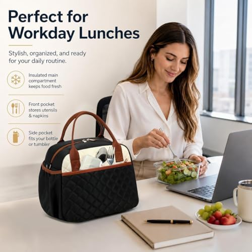 CAMTOP Lunch Box for Women Insulated Lunch Bag Large Lunchbox Cooler Thermal Leakproof Quilted Reusable Lunch Tote Bag for Work School Travel Picnic