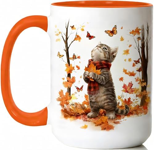 Cat Mug for Cat Lovers, Cute Kitten Fall Coffee Mugs, White, 15oz