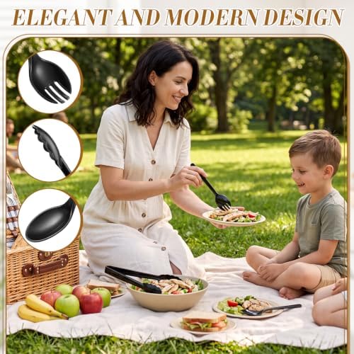 FoldTier 72 Pcs Disposable Plastic Serving Utensils Set Black Serving Spoons Forks Tongs, Disposable Utensils for Party Weddings Birthday Dinner Buffets Banquets