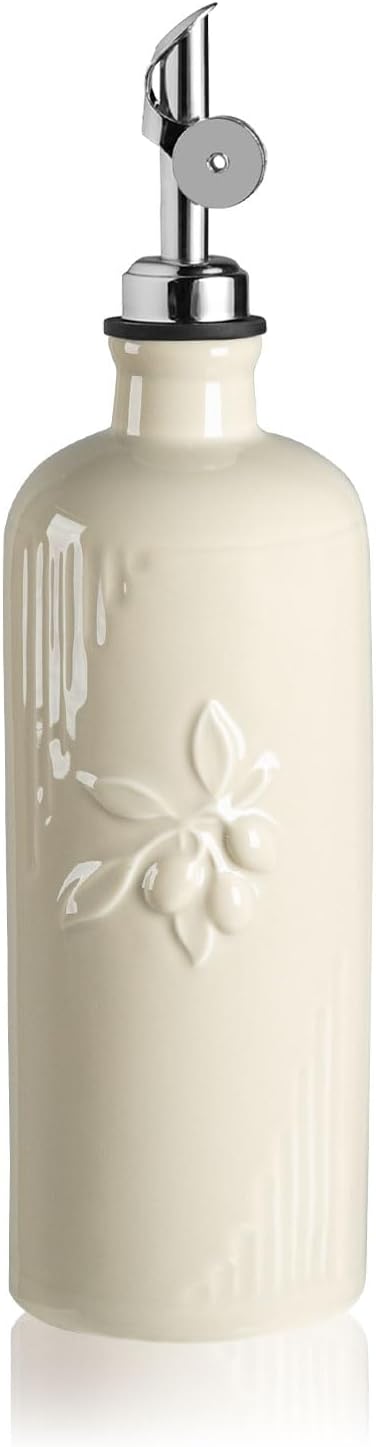 Sweejar Ceramic Olive Oil Dispenser Bottle for Kitchen Counter, 20 oz Oil Dispenser with Spout, Avocado Oil Cruet for EVOO, Vinegar, Oil Container for Cooking, Pack of 1 (Beige)
