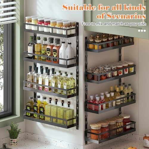 X-cosrack 8-Tier Adjustable Spice Rack – Wall-Mounted Space-Saving Organizer with Mixed Baskets, Large-Capacity Seasoning Holder for Kitchen & Pantry (Black)