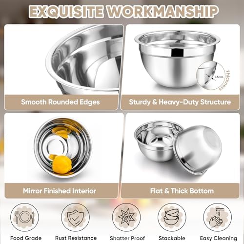 TeamFar Mixing Bowls Set of 5, Stainless Steel Metal Salad Bowls with Lids