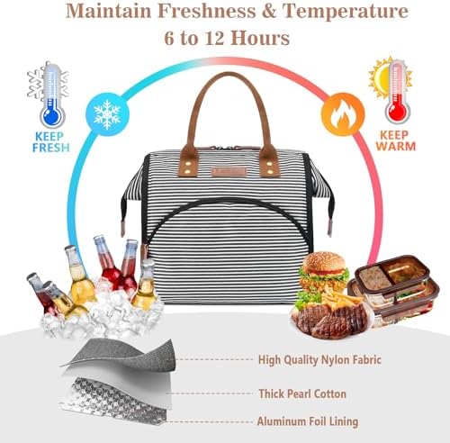 LOKASS Lunch Bag Insulated Lunch Box Wide-Open Lunch Tote Bag Large Drinks Holder Durable Canvas Thermal Snack Organizer for Women Men Adults Work Picnic Hiking Beach Fishing,Stripes