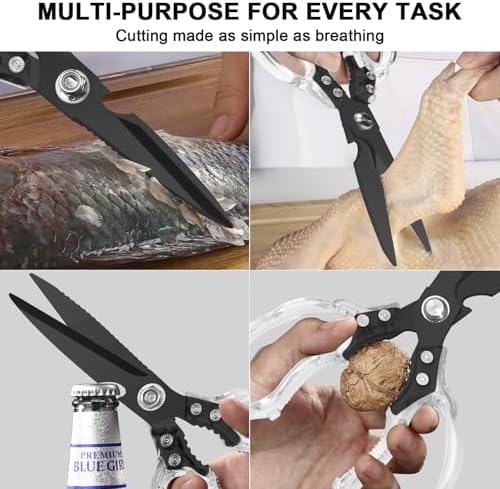 CGBE Kitchen Scissors, Multi-Purpose Kitchen Shears, Heavy Duty Food Scissors for Chicken, Poultry, Fish, Meat & Herbs with Non-Slip Grips (Transparent Black)