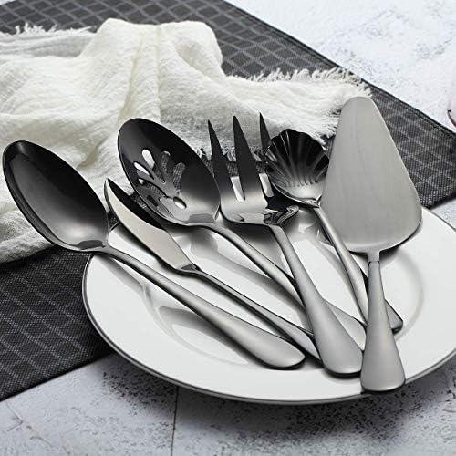Berglander Stainless Steel Black Titanium Plated Flatware Serving Set 6 Pieces, 5 Serving Pieces of 45 Pieces Flatware With 1 Cake Server, Serving Silverware Set (Shiny Black)