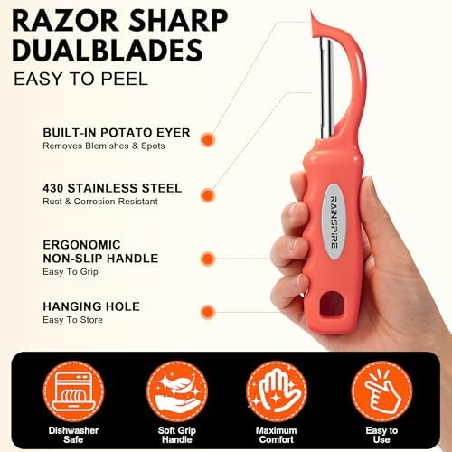 Rainspire Vegetable Peeler Potato Peelers for Kitchen, Sharp Stainless Steel Blades Veggie, Comfortable Handle Fruit Peeler, Carrot Peeler Apple Peeler Dishwasher Safe (1, Coral)