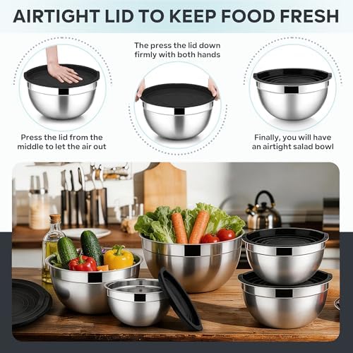 E-far Mixing Bowls with Lids Set, Stainless Steel Cooking Salad Bowl, Black