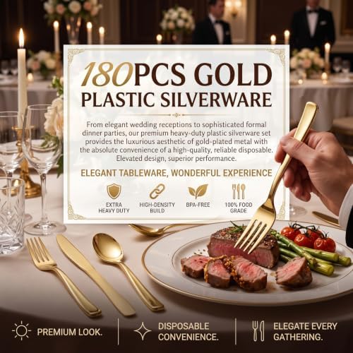 WDF 180 Count Gold Plastic Silverware Set - Heavy Duty Disposable Cutlery (60 Forks, 60 Knives, 60 Spoons) - BPA-Free Gold Flatware for Wedding/Fall Party/Baby Shower/Thanksgiving/Christmas