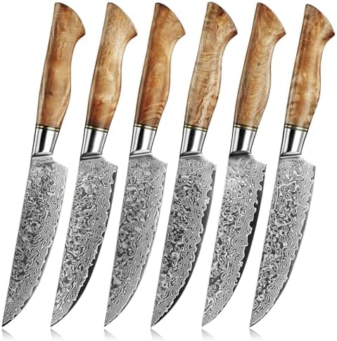 SENKEN 6-Piece Damascus Steel Steak Knife Set - Non-Serrated Steak Knives with Sycamore Wood Handles - The Dynasty Collection - 67-Layer Japanese VG10 Steel (6-Piece Steak Knife Set)