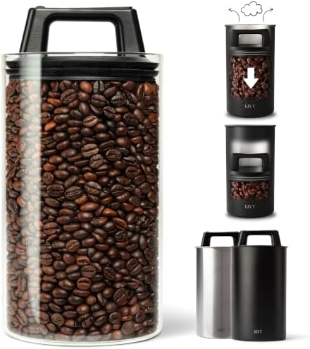 KIVY Vacuum Coffee Canister - Push Lid Preserves Coffee Aroma & Oil - Glass