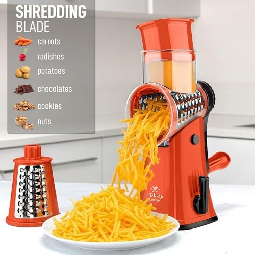 Rotary Cheese Grater Manual Hand Crank 5 Blade Shredder, Orange & Black
