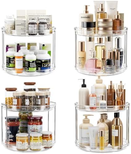 LAMU 4 Pack 2 Tier Lazy Susan Turntable Organizer 9.25'' Rotating Spice Rack Organization for Cabinet, Kitchen, Pantry, Countertop, Bathroom, Vanity, Medicine Cabinet Organizer, Clear