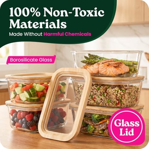 4-Pack Glass Food Storage Containers with Glass Lids & Bamboo Rim – Plastic Free 27 Oz Glass Meal Prep Containers for Lunch, Eco Friendly Airtight Food Storage, Microwave & Oven Safe