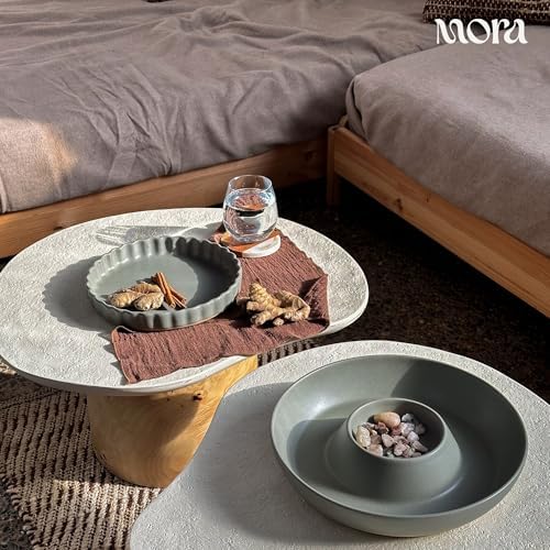 Mora Ceramic Chips and Dip Serving Tray: Large Divided Party Bowl Set for Chips & Salsa, Veggies & Dip, Fruit, Snacks, Entertaining, Hosting, etc. Minimalist Design for the Modern Hostess - Peppercorn