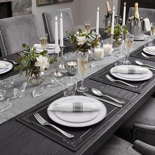 WDF Partyware 350Piece Silver Plastic Dinnerware Set for 50 Guests - Silver Plastic Plates with Cutlery Include:50Dinner Plates-50Dessert Plates-50Pre Rolled Napkins with Silverware Party Wedding