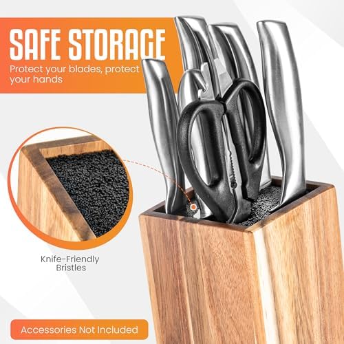 Acacia Wood Angled Knife Block with Multi-Purpose Holder – Universal Kitchen Knife Storage with Removable Bristle Insert (Honey brown, regular medium)