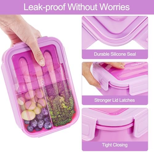 Caperci Classic Bento Lunch Box for Kids & Adults - Leakpoof 47oz Food Lunch Containers for Girls Women, 3-Compartment, Built-in Utensil Set, BPA-Free, Dishwasher/Microwave Safe (Vivid Orchid)