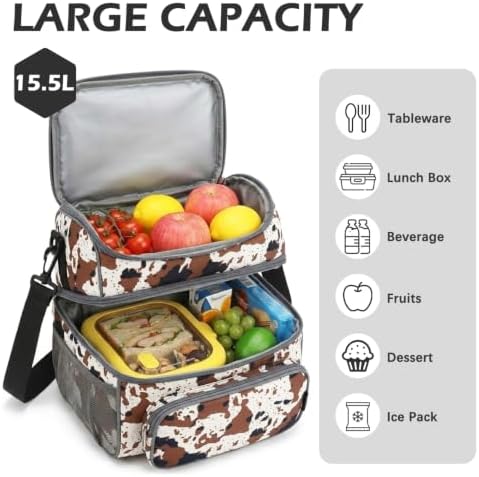 FlowFly Double Layer Cooler Insulated Lunch Bag Adult Lunch Box Large Tote Bag for Men, Women, With Adjustable Strap,Front Pocket and Dual Large Mesh Side Pockets