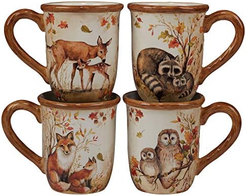 Pine Forest 16 oz. Woodland Ceramic Mugs, Set of 4 – Autumn Wildlife Coffee Cups with Fox, Owl, Deer & Raccoon – Great for Hot Chocolate, Tea, Pumpkin Spice, Fall Gifts, and Cozy Cabin Vibes