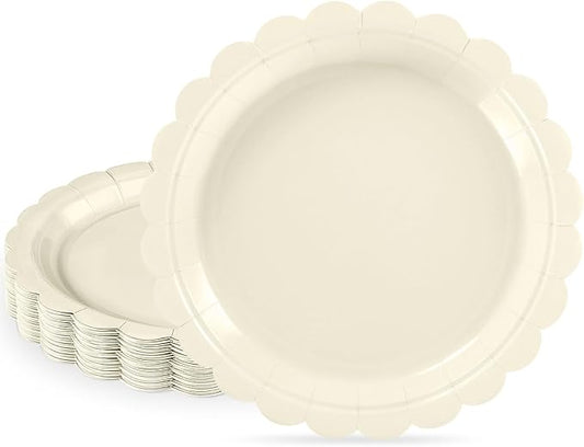 30 Pcs Dessert Plates Disposable, 7 Inch Ivory Paper Plates Scalloped Small Cake Appetizer Birthday Plate Cream Party Plate for Wedding, Baby Bridal Shower