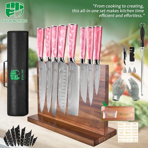 FULLHI 15pcs Japanese Knife Set with Magnetic Knife Block Holder, Stainless Steel Blades, Pink Resin Ergonomic Handles for Professional and Home Cooking