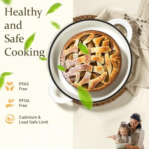 Overmont Enameled Cast Iron Dutch Oven - 4.5QT Pot with Lid Cookbook & Cotton Potholders - Heavy-Duty Cookware for Braising, Stews, Roasting, Bread Baking PearlWhite