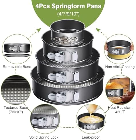 139PCS Springform Cake Pan Set - 4 Non-stick Cheesecake Pans(4/7/9/10-Inch) + Cake Decorating Supplies: Parchment Paper, Pastry Bags and Tips, Icing Scrapers, Cake Cutting Set & More