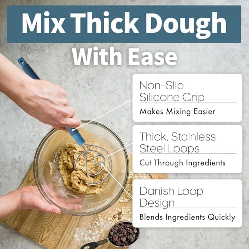 Danish Dough Whisk Heavy Duty 13.5" - Dishwasher-Safe Baking Tool (Blue)