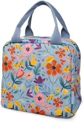 Steel Mill & Co Insulated Lunch Tote Bag for Women, Large Capacity Cooler Lunch Box, Cute Lunch Bag for Adults, Mini Cooler with Zipper Closure, Pockets, and Sturdy Handles (Folk Floral Multi)