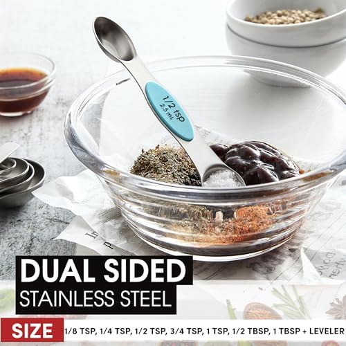 Spring Chef Stainless Steel 8 Magnetic Measuring Spoons, 2 Pack, Aqua Sky