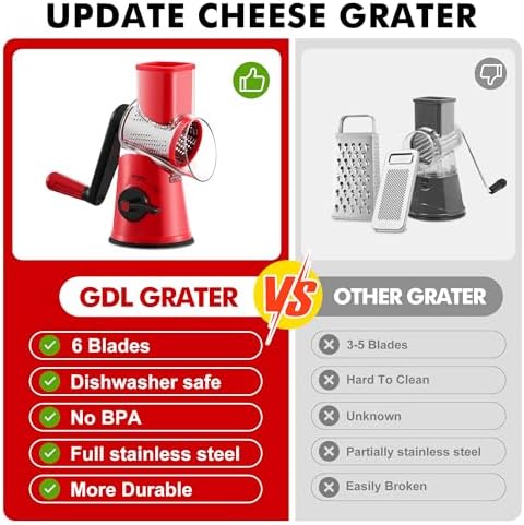 GDL Cheese Grater Hand Crank, Rotary Cheese shredder, Vegetable Slicer