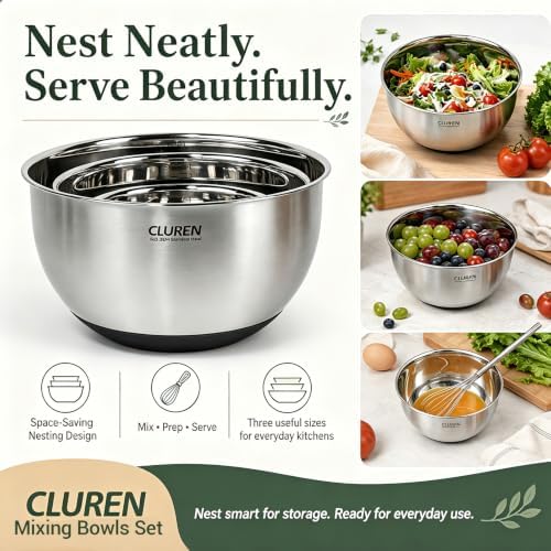 304 Stainless Steel Mixing Bowls Set, 3-Piece (1.5, 3 & 5 QT)