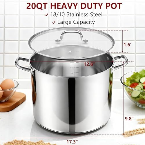 Herogo 20-Quart 18/10 Stainless Steel Stock Pot with Lid, Large Heavy Duty Soup Pot Compatible with Electric, Gas, Induction and Gas Cooktops, Non-Toxic & Corrosion Resistant, Dishwasher Safe
