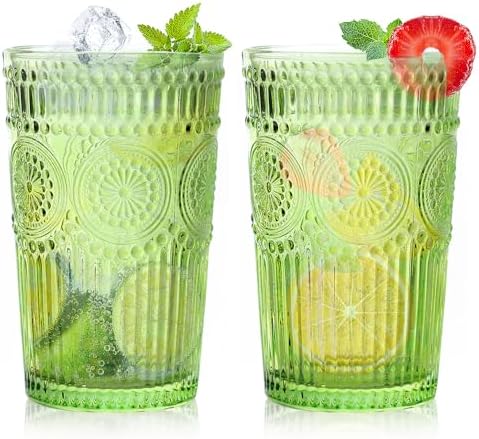 Loivttvv 6pcs Vintage Drinking Glasses Set, 12 oz Green Highball Glasses, Embossed Ribbed Glassware Cups for Cocktail, Water, Juice, Coffee, Whiskey