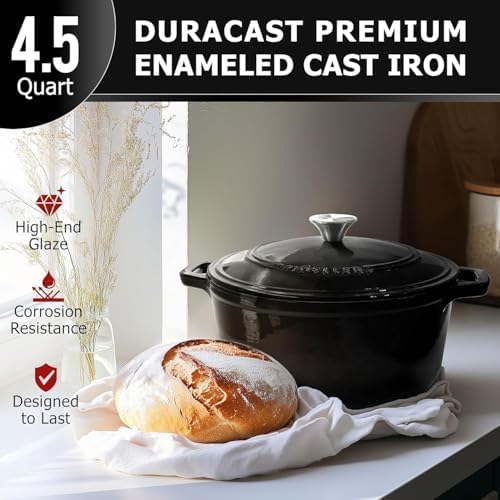 MUELLER HOME 4.5 QT Enameled Cast Iron Dutch Oven, Heavy-Duty Casserole Dish and Braiser Pan with Lid and Stainless Knob, Oven-Safe up to 500° F & Across All Cooktops, Black