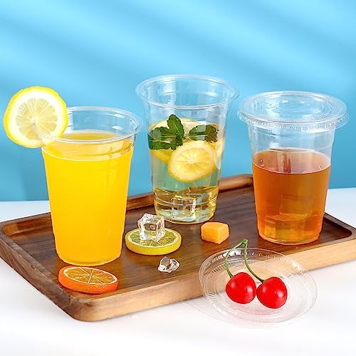 TashiBox plastic cups with lids [20 oz 100cups&100flat lids],Clear Crystal disposable plastic cups,smoothie cups (Pack of 2)
