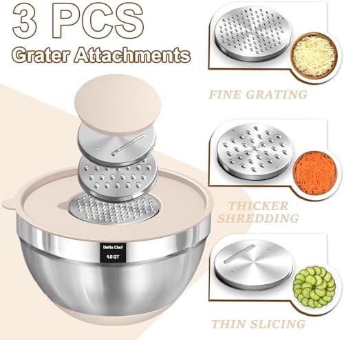 Umite Chef Mixing Bowls with Airtight Lids Set, 8PCS Stainless Steel Nesting Bowls with Grater Attachments, Non-Slip Bottoms, 5, 4, 3.5, 2, 1.5QT for Mixing & Serving