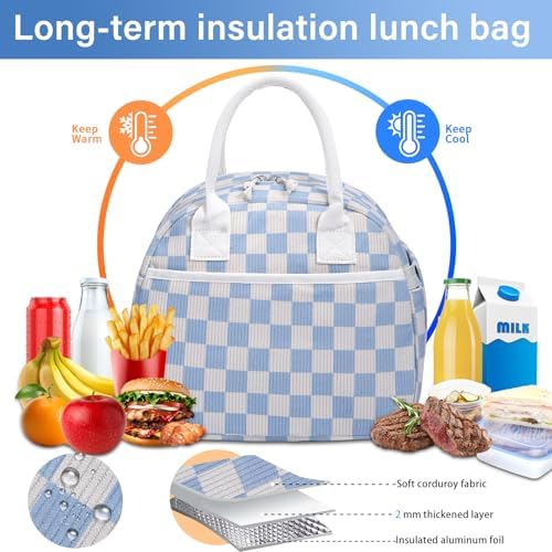 Carry bloom Lunch Box for Women, Insulated Lunch Bag Cute Corduroy Lunchbag Reusable Lunchbox for Work (checkered blue white)