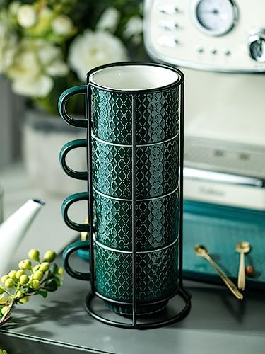 LYEOBOH Coffee Mug Set Porcelain Stackable Coffee Mugs with Stand and Spoons, 13 OZ. Cappuccino Cup Demitasse Cups for Drinks, Espresso, Latte,Set of 4, Dark Green