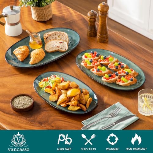 vancasso Ceramic Serving Platters Set of 3, Oval 16/14.7/13.5 Inch Stoneware Serving Dishes for Entertaining, Microwave Safe Serving Trays for Food, Turkey, Cheese, Party, Reactive Glaze Green